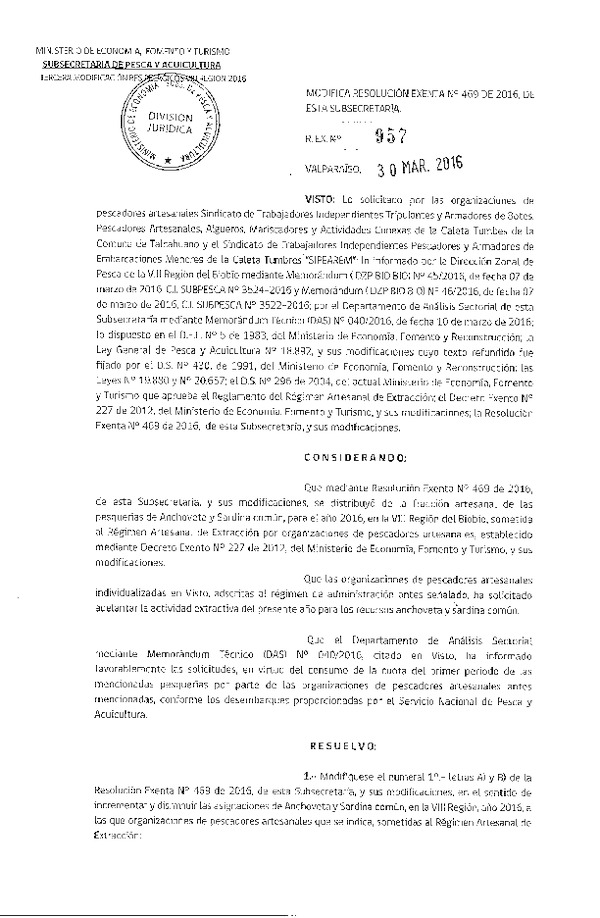 Res. Ex. N° 957-2016 Modifica Res. Ex. N° 469-2016 Establece Distribución de la Fracción Artesanal de la Cuota Anual de Captura Anchoveta y Sardina Común, VIII Región, Año 2016.