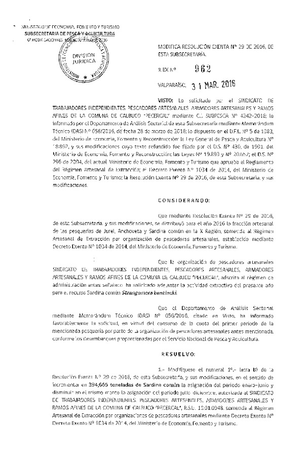 Res. Ex. N° 962-2016 Modifica Res. Ex. N° 29-2016 Distribución de la Fracción Artesanal de Pesquería de Anchoveta, Sardina común y Jurel en la X Región.
