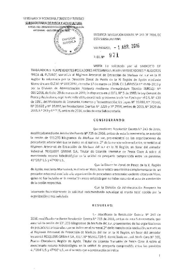 Res. Ex. N° 971-2016 Modifica Res. Ex. N° 243-2016 Autoriza Cesión Merluza del sur, XI Región.