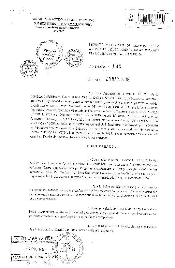 Dec. Ex. N° 199-2016 Establece Porcentajes de Desembarque de Alfonsuno y Besugo como Fauna Acompañante de Pesquerías Demersales que Indica. (F.D.O. 04-04-2016)