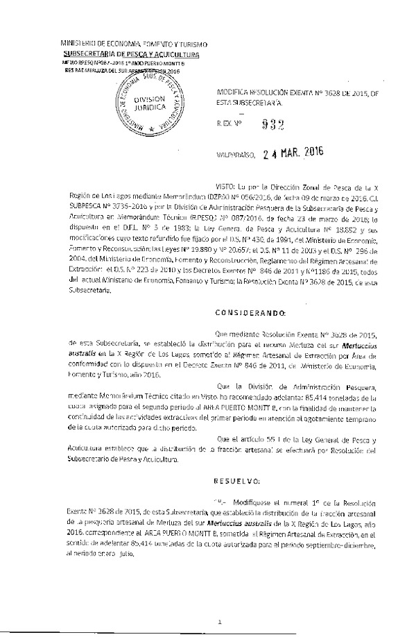 Res. Ex. N° 932-2016 Modifica Res. Ex. N° 3628-2015 Distribución de la Fracción Artesanal de Pesquería de Merluza del Sur por Área,X Región, año 2016. (F.D.O. 02-04-2016)