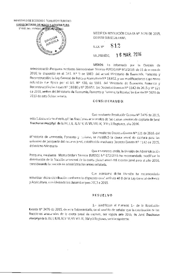 Res. Ex. N° 812-2016 Modifica Res. Ex. N° 3476-2015 Establece Distribución de las Fracciones Artesanales de Jurel XV-X Regiones, por Región, Año 2016. (F.D.O. 22-03-2016)