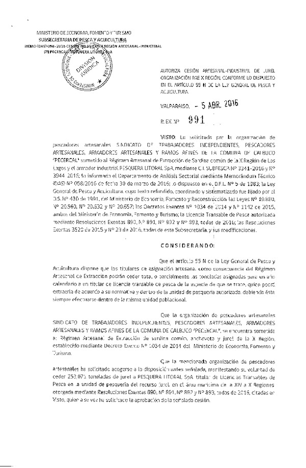 Res. Ex. N° 991-2016 Autoriza Cesión Jurel X Región.