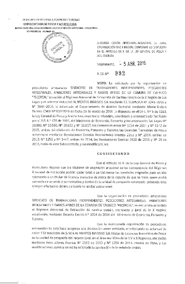 Res. Ex. N° 992-2016 Autoriza Cesión Jurel X Región.