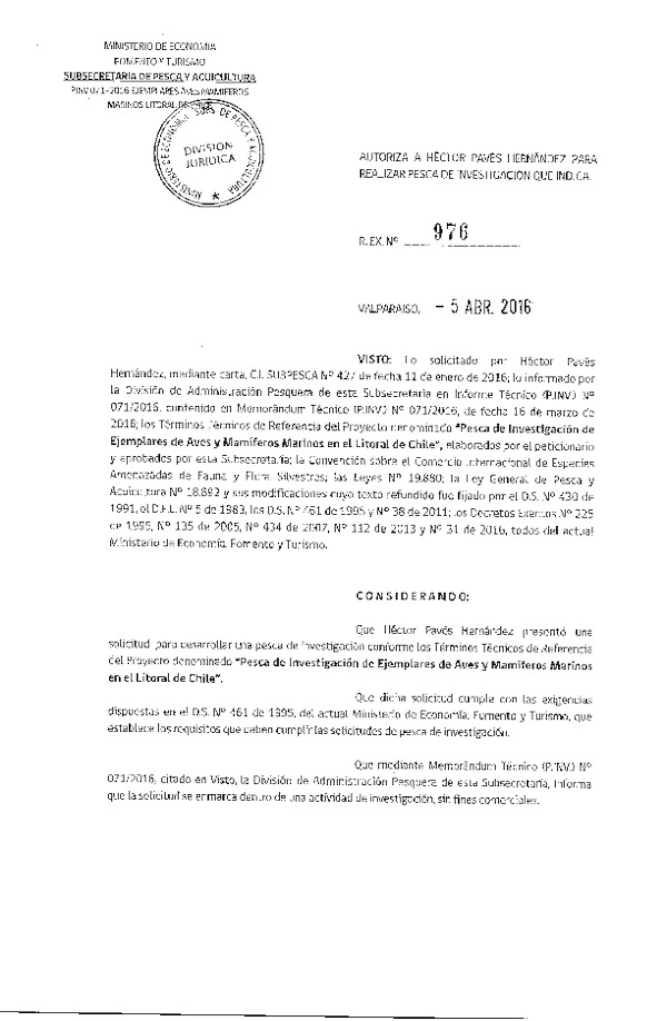 Res. Ex. N° 976-2016 Pesca de investigación de ejemplares de aves y mamiferos marinos en el litoral de Chile.