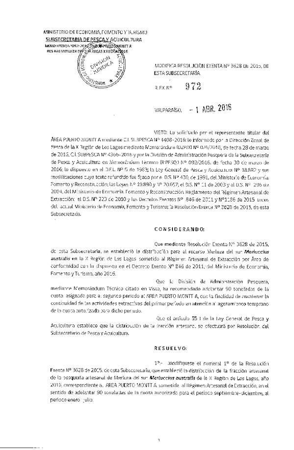 Res. Ex. N° 972-2016 Modifica Res. Ex. N° 3628-2015 Distribución de la Fracción Artesanal de Pesquería de Merluza del Sur por Área,X Región, año 2016. (F.D.O. 07-04-2016)