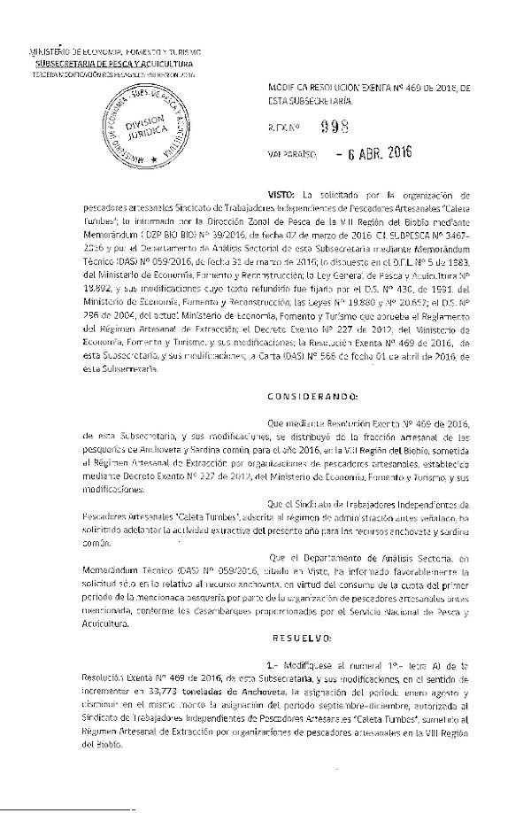 Res. Ex. N° 998-2016 Modifica Res. Ex. N° 469-2016 Establece Distribución de la Fracción Artesanal de la Cuota Anual de Captura Anchoveta y Sardina Común, VIII Región, Año 2016.