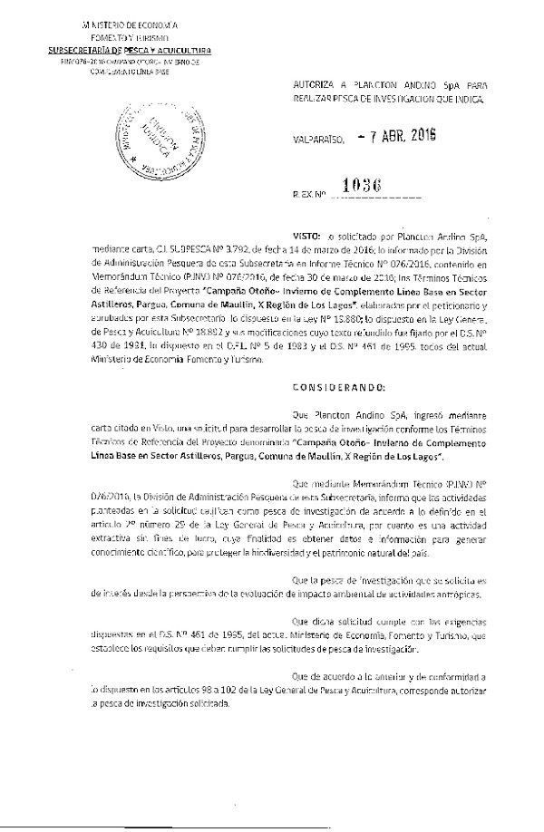 Res. Ex. N° 1036-2016 Campaña Otoño-invierno de complemento línea base, X Región.