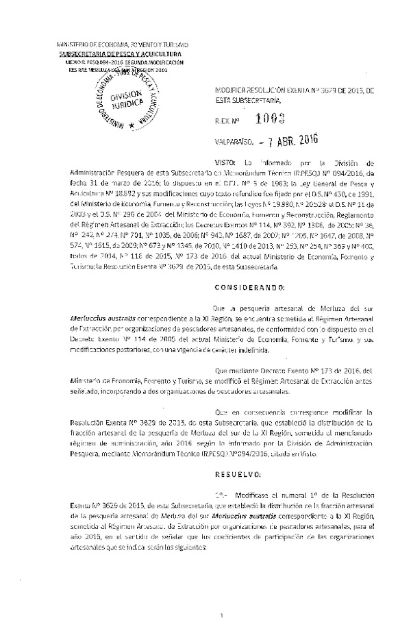 Res. Ex. N° 1003-2016 Modifica Res. Ex. N° 3629-2015 Distribución de la Fracción Artesanal de Pesquería de Merluza del Sur por Área, XI Región, año 2016. (F.D.O. 14-04-2016)