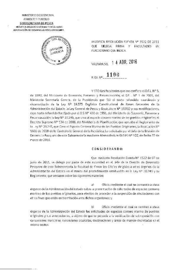 Res. Ex. N° 1100-2016 Modfica Res. Ex. N° 1522-2011 Delega Firma y Facultades en Funcionario que Indica. (F.D.O. 20-04-2016)