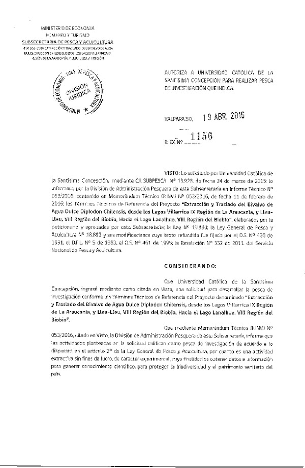 Res. Ex. N° 1156-2016 Extracción y traslado de Bivaldos de agua dulce Diplodon Chilensis, lago Villarrica IX Región y Lleu Lleu, VIII Región.