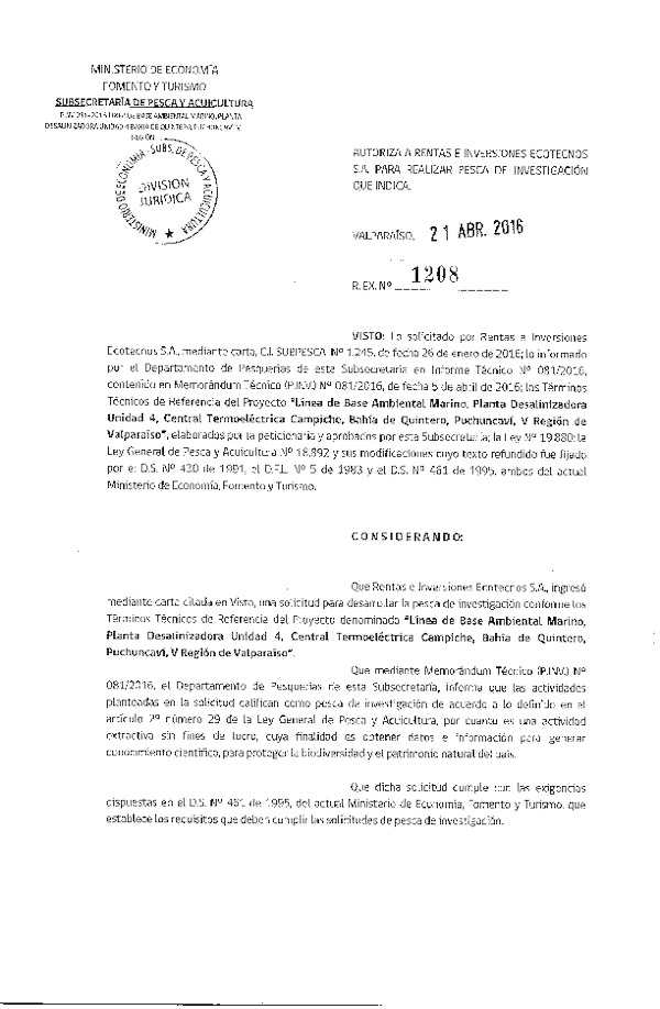 Res. Ex. N° 1208-2016 Línea de base ambiental marino Bahía de Quintero, Puchuncaví, V Región.