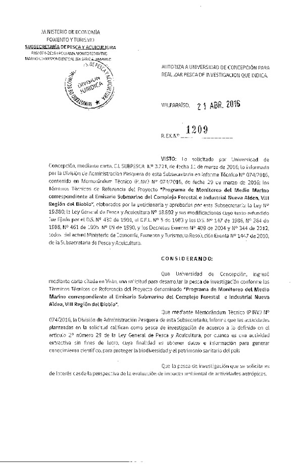 Res. Ex. N° 1209-2016 Programa de monitoreo del medio marino Emisario submarino Complejo forestal e Industrial Nueva Aldea, VIII Región.