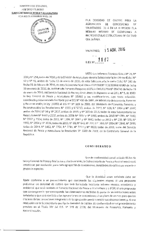 Res. Ex. N° 1147-2016 Fija densidad de cultivo para la Agrupación de concesión de Salmonidos 31 A, XI Región. (F.D.O. 21-04-2016)