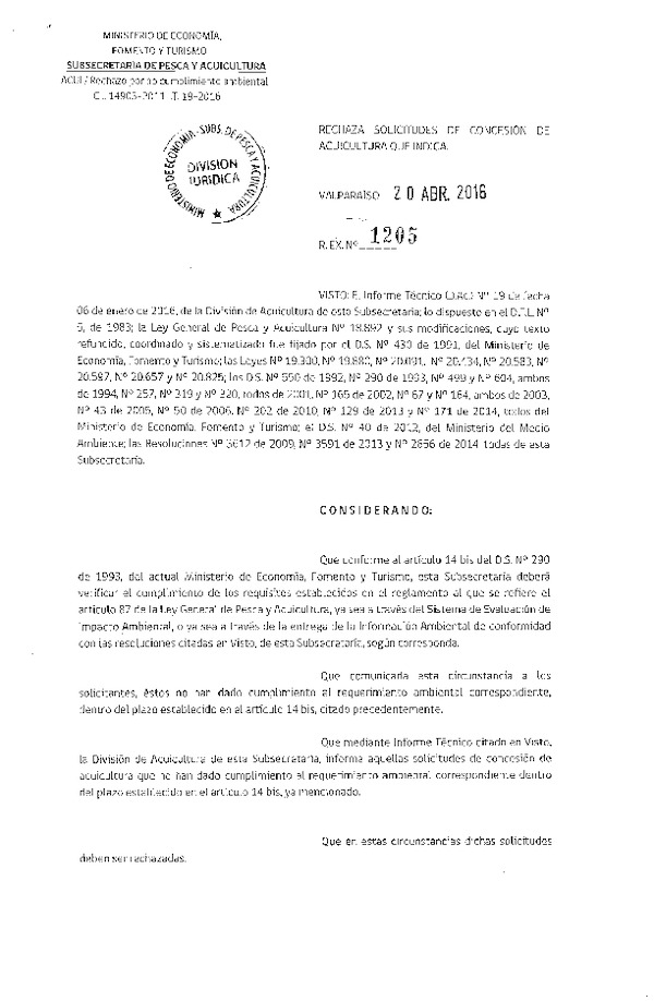 Res. Ex. N° 1205-2016 Rechaza Solicitudes de Concesión de Acuicultura.