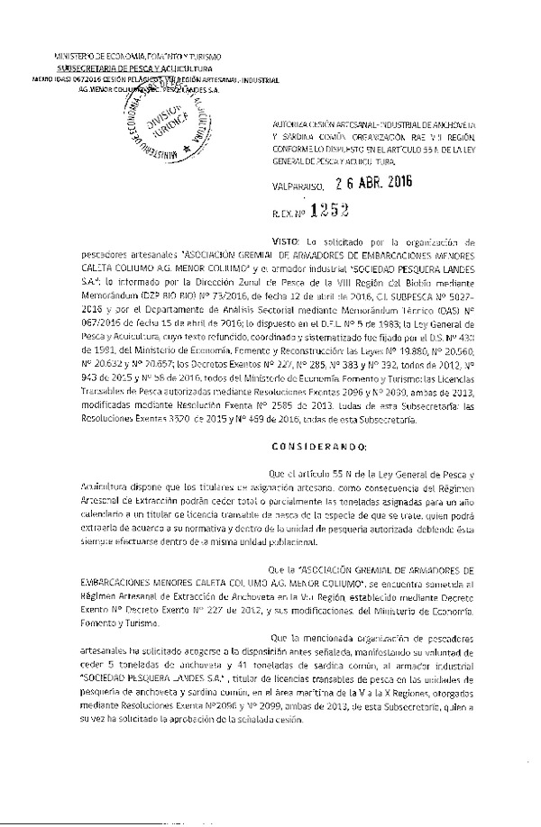 Res. Ex. N° 1252-2016 Autoriza Cesión Anchoveta y Sardina común VIII Región.