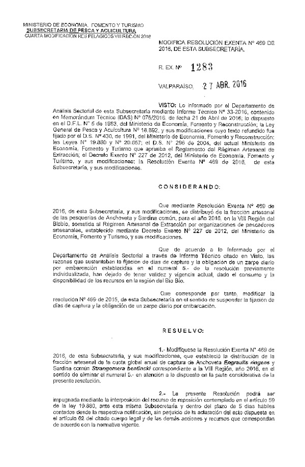 Res. Ex. N° 1283-2016 Modifica Res. Ex. N° 469-2016 Establece Distribución de la Fracción Artesanal de la Cuota Anual de Captura Anchoveta y Sardina Común, VIII Región, Año 2016