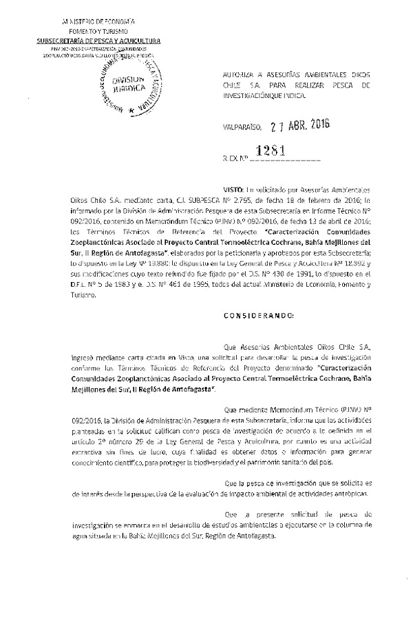 Res. Ex. N° 1281-2016 Caracteriación comunidades zooplanctónicas Bahía Mejillones del sur, II Región.