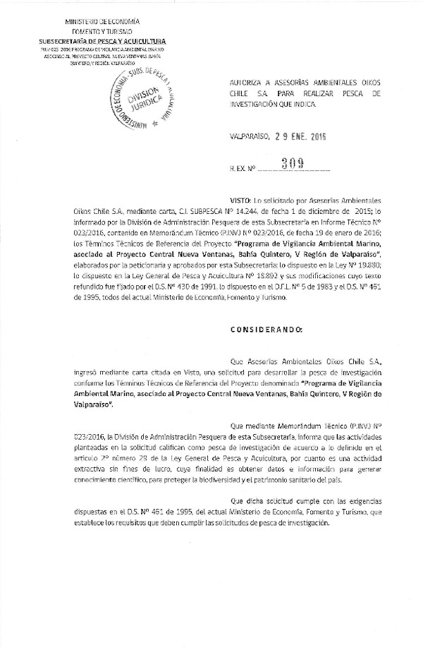 Res. Ex. N° 309-2016 Programa de vigilancia ambiental marino V Región.