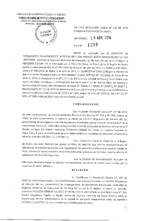 Res. Ex. N° 1299-2016 Modifica Res. Ex. N° 232-2016 Autoriza Cesión Merluza del sur, XI Región.