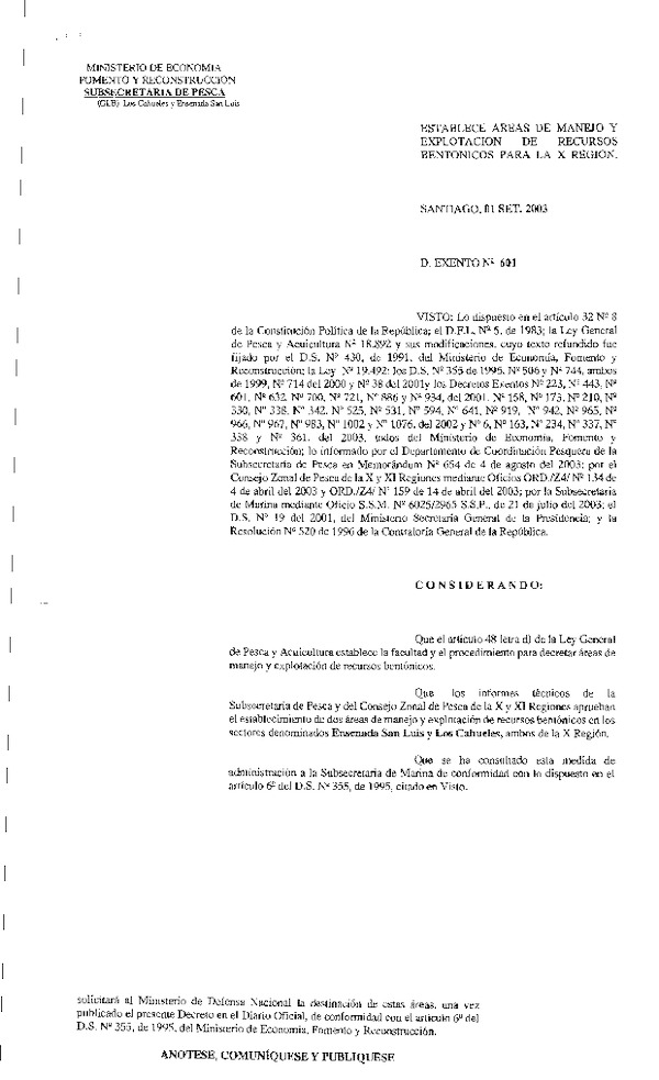 Dec. Ex. N° 601-2003 Establece Área de Manejo Los Cahueles y Ensenada San Luis, X Región.
