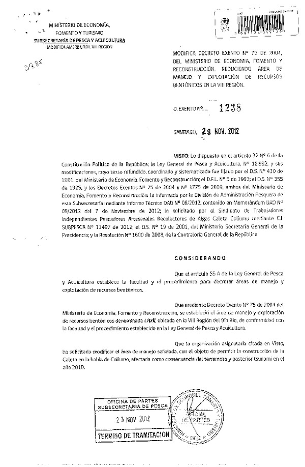 Dec. Ex. N° 1238-2012 Modifica Dec. Ex. N° 75-2004, Área de MAnejo Litril, VIII Región.