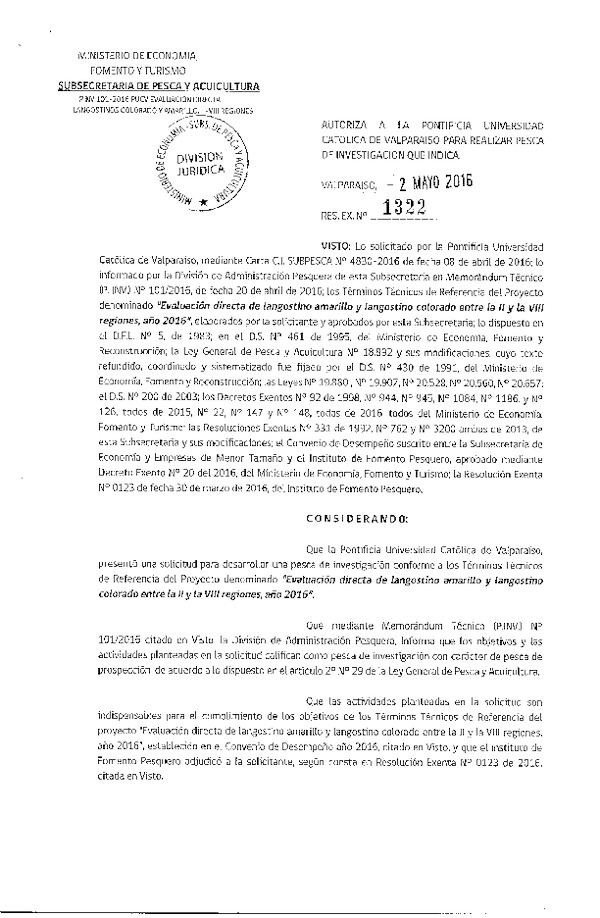 Res. Ex. N° 1322-2016 Evaluación directa de Langostino amarillo y Langostino colorado, II-VIII Regiones, año 2016.