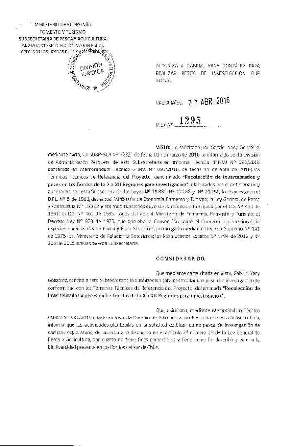 Res. Ex. N° 1295-2016 Recolección de investebrados y peces en los fiordos de la X a XII Regiones.