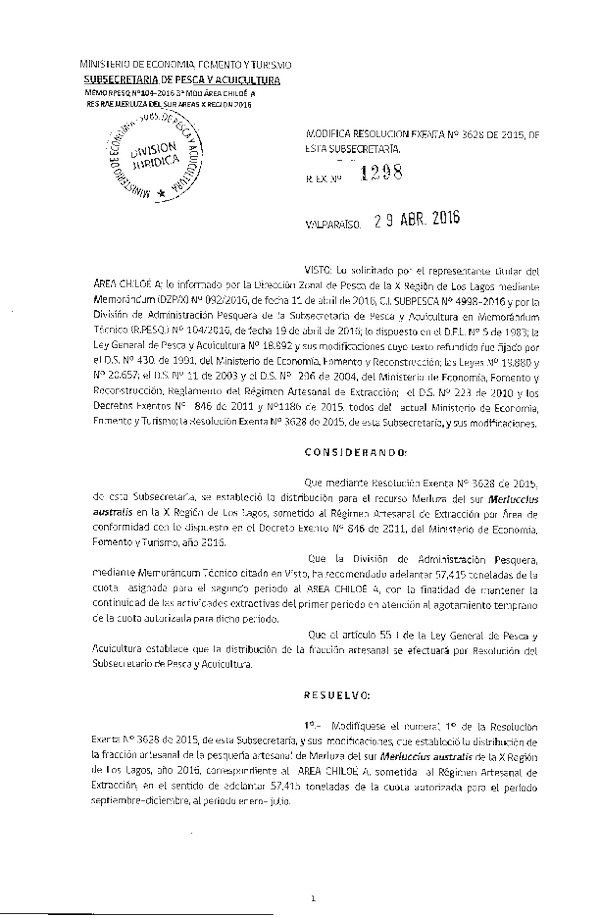 Res. Ex. N° 1298-2016 Modifica Res. Ex. N° 3628-2015 Distribución de la Fracción Artesanal de Pesquería de Merluza del Sur por Área,X Región, año 2016. (F.D.O. 05-05-2016)