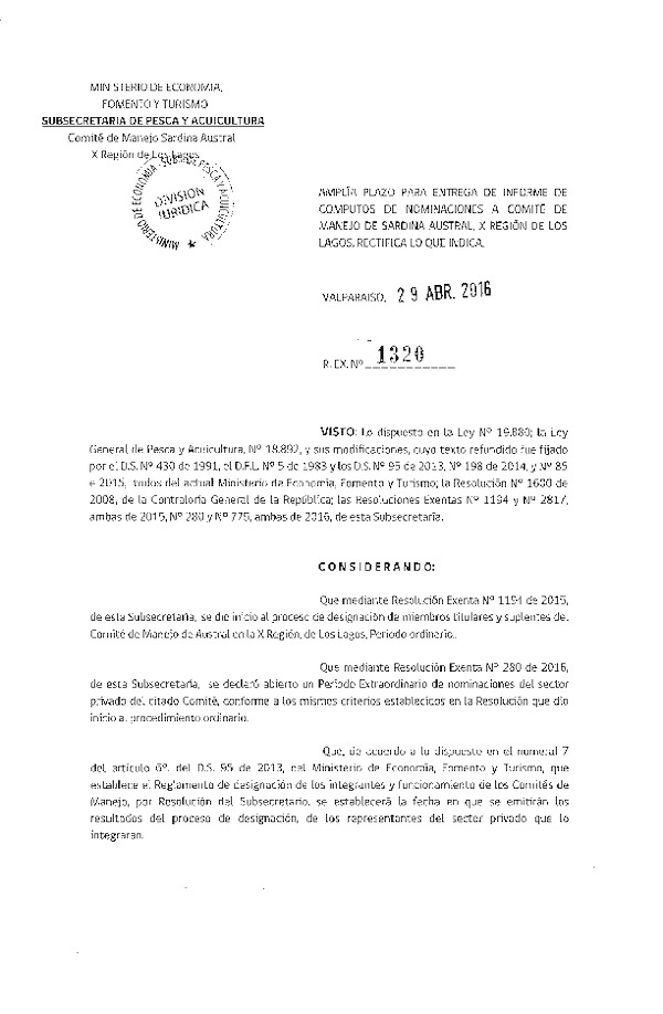 Res. Ex. N° 1320-2016 Amplía plazo para entrega de informes de cómputos de nominaciones a comité de manejo de sardina asutral, X región. Rectifica lo que indica. (F.D.O. 06-05-2016)