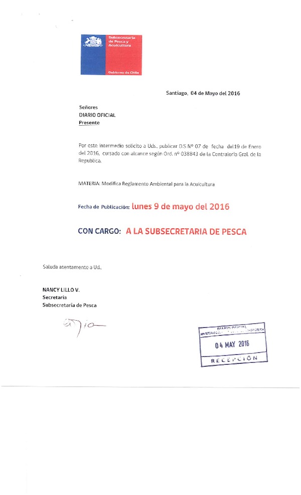 D.S. N° 7-2016 Modifica D.S.N° 320-2001, Reglamento Ambiental para la Acuicultura. (F.D.O. 09-05-2016)