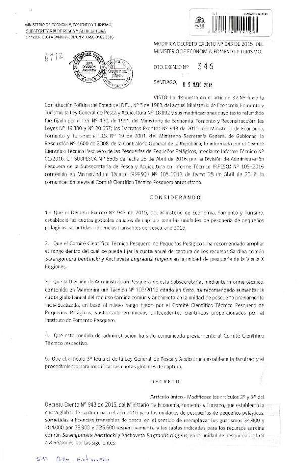 Dec. Ex. N° 346-2016 Modifica Dec. Ex. N° 943-2015 Establece Cuotas Anuales de Captura de Unidades de¨Pesquería de Recursos Pelágicos, Anchoveta y Sardina Común, Año 2016, V-X Región.