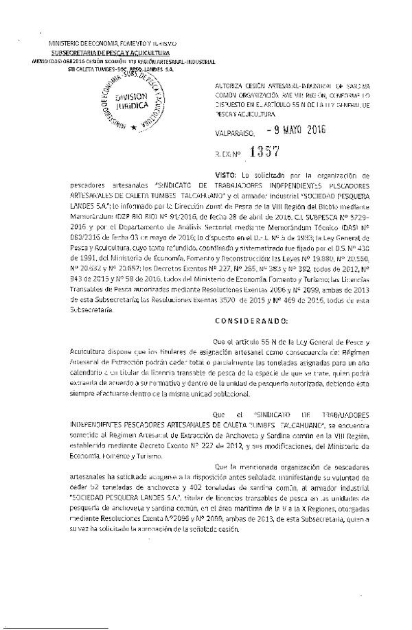 Res. Ex. N° 1357-2016 Autoriza Cesión Sardina común VIII Región.