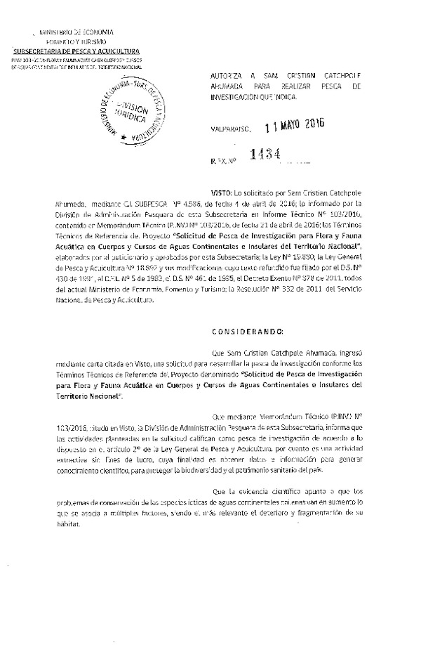 Res. Ex. N° 1434-2016 Flora y fauna acuática Territorio Nacional.