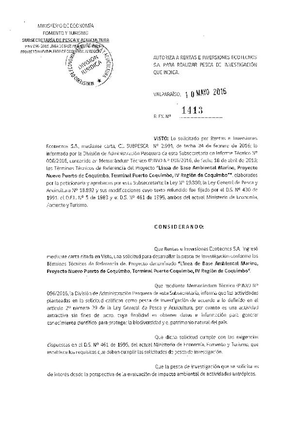 Res. Ex. N° 1413-2016 Línea de base ambiental marino, Terminal Puerto Coquimbo, IV Región.