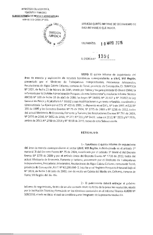 Res. Ex. N° 1394-2016 5° SEGUIMIENTO.