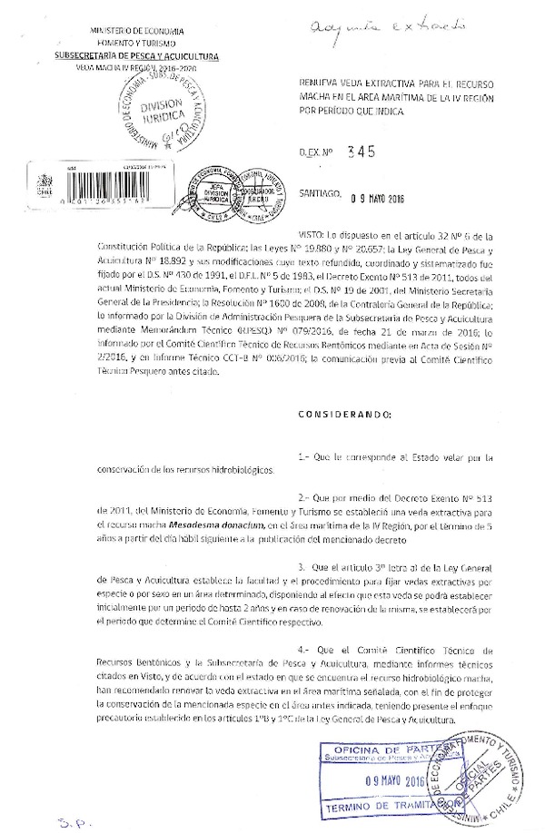 Dec. Ex. Nº 345-2016 Establece Veda Extractiva del recuros Macha en la IV Región, (F.D.O. 13-05-2016)
