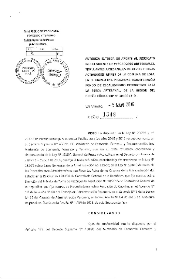 Res. Ex. N° 1438-2016 Línea de base íctofauna, proyecto extraordinario de Áridos, cuenca del Río Biobío, VIII Región.