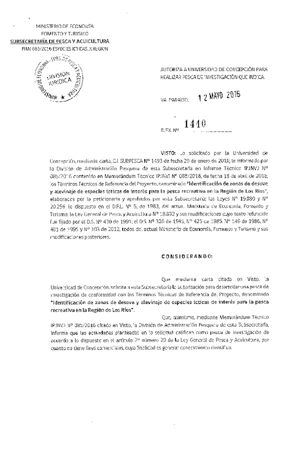 Res. Ex. N° 1440-2016 Indentificación de zona de desove y alevinaje de especies ícticas, XIV Región.