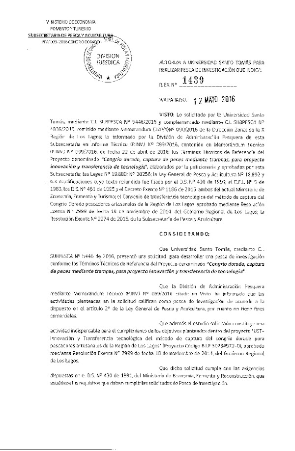 Res. Ex. N° 1439-2016 Congrio dorado, captura de peces mediante trampas, para proyecto innovación y transferencia de tecnología.