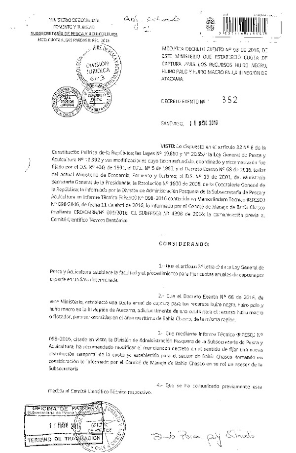 Dec. Ex. N°352-2016 Modifica Dec. Ex. N° 68-2016 Establece Cuota de Captura Recursos Huiro negro, Huiro palo y Huiro macro en la III Región. (F.D.O. 17-05-2016)