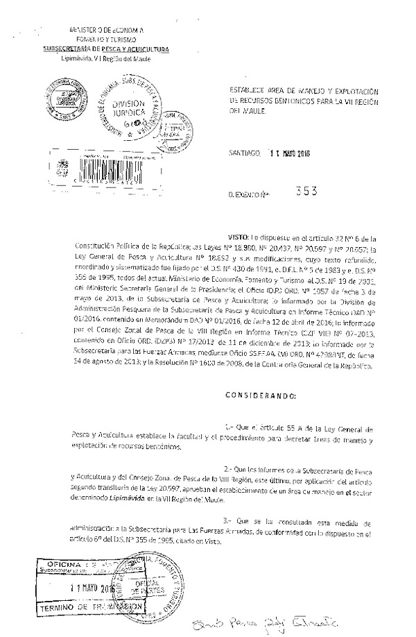 Dec. Ex. N° 353-2016 Establece Área de Manejo Lipimávida, VII Región. (F.D.O. 17-05-2016)