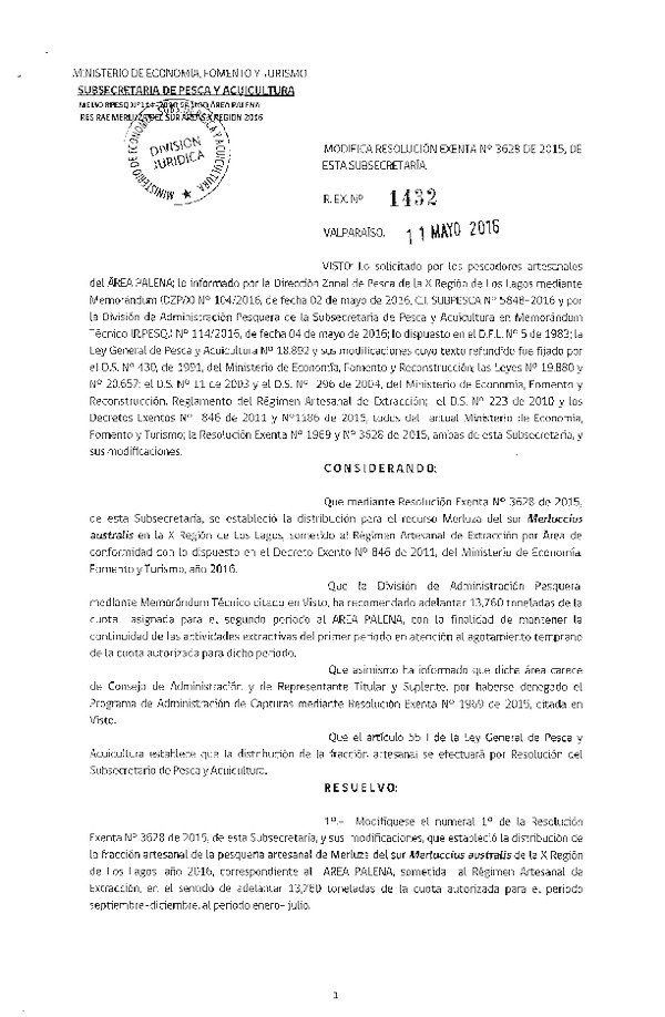 Res. Ex. N° 1432-2016 Modifica Res. Ex. N° 3628-2015 Distribución de la Fracción Artesanal de Pesquería de Merluza del Sur por Área,X Región, año 2016. (F.D.O. 18-05-2016)