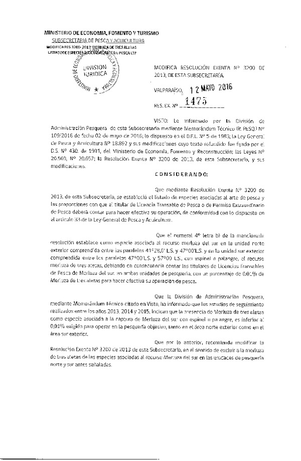 Res. Ex. N° 1475-2016 Modifica Res. Ex. Nº 3200-2013 Establece listado de especies asociadas al Arte de pesca y proporciones para los efectos previstos en el Artículo 33 de la Ley General de Pesca y Acuicultura. (F.D.O. 19-05-2016)