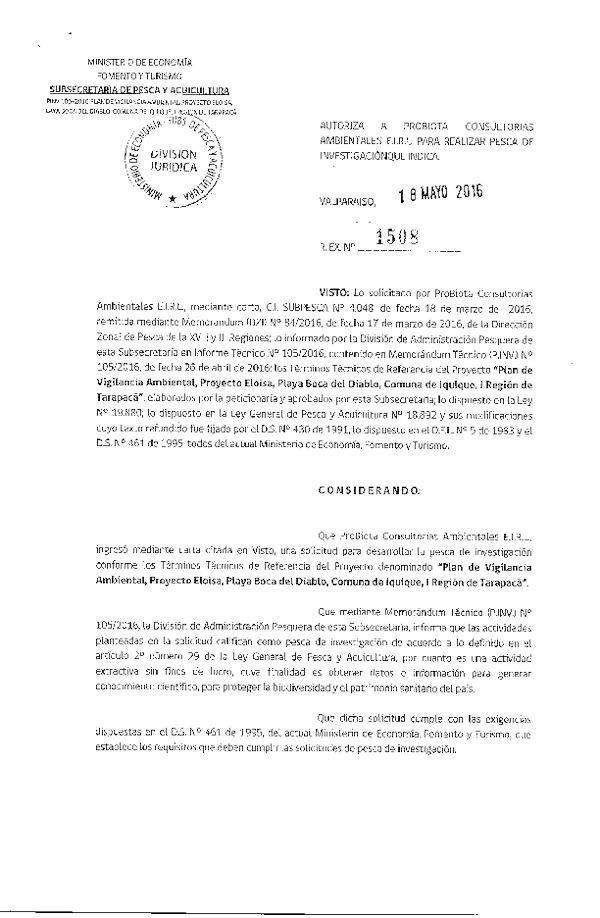 Res. Ex. N° 1508-2016 Plan de vigilancia ambiental, proyecto Eloisa, I Región.