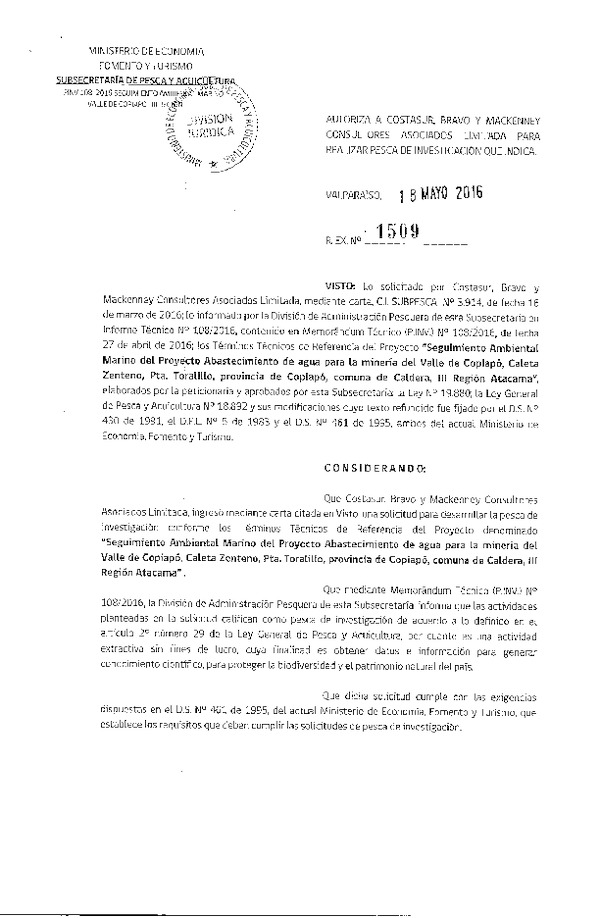 Res. Ex. N° 1509-2016 Seguimiento ambiental marino proyecto abastecimiento de agua para la minería III Región.