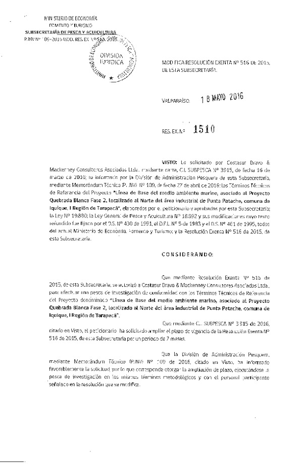 Res. Ex. N° 1510-2016 Línea de base dek medio ambiente marino norte área indistrial de Punta Patache, I Región.