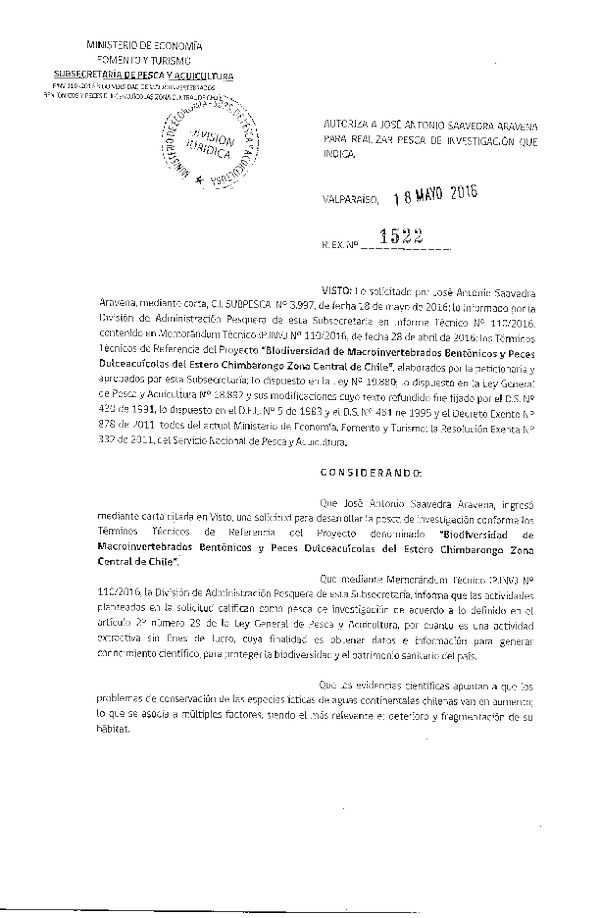 Res. Ex. N° 1522-2016 Biodiversidad de macroinvertebrado bentónicos y peces dulceacuícolas estero Chimbarongo Zona Central de Chile.