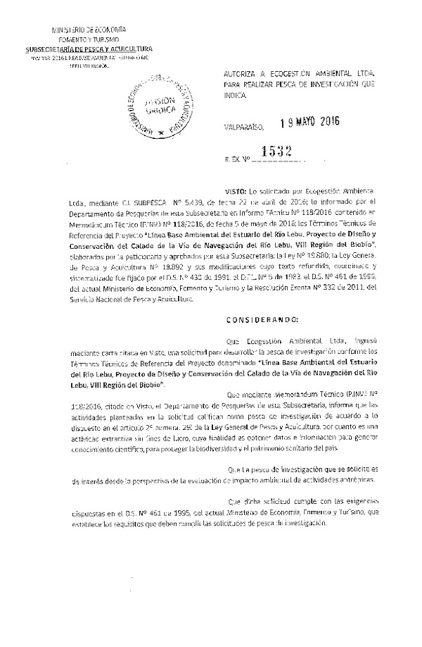 Res. Ex. N° 1532-2016 Línea de base ambiental, del estuario del río Lebu, VIII Región.