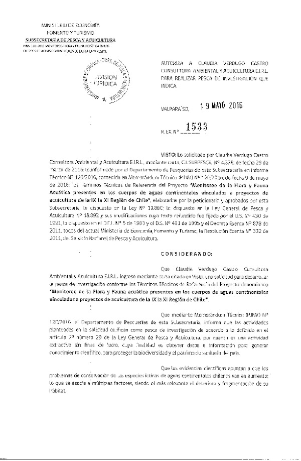 Res. Ex. N° 1533-2016 Flora y fauna acuática cuerpos de aguas continentales, IX-XI Regiones.